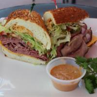 3. London Broil Roast Beef Sandwich · Cajun mayo, Yellow mustard, lettuce, tomato, red onion and pickles.