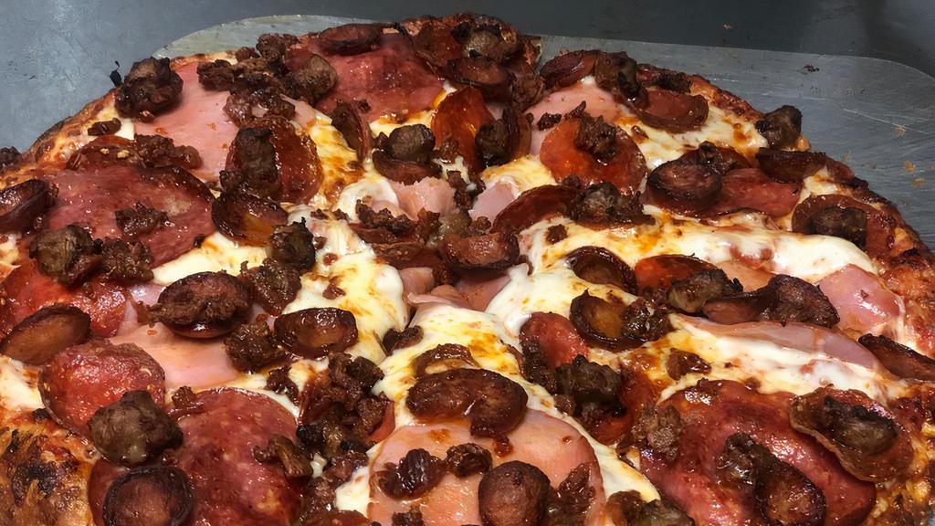 Meat Lovers Pizza · Pepperoni, ham, sausages, salami, linguica, bacon mozzarella cheese and tomato sauce.
