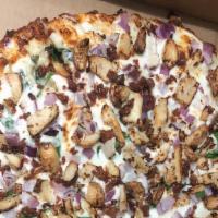 Garlic Chicken Pizza · Garlic sauce, mozzarella, parmesan, spinach, chicken, onions and bacon.