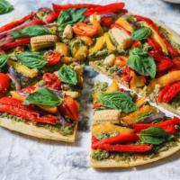 Apna Garbanzo Beans Pizza · Indian pizza sauce, garbanzo beans, red onions, mozzarella cheese, topped with fresh cilantr...