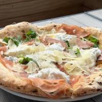 DoppioZero Pizza · Burrata cheese, 24 months . Prosciutto di Parma, arugula, . shaved Parmigiano Reggiano, Evo