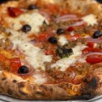 Salsiccia Pizza · San Marzano tomato, fior di latte mozzarella, light spicy Italian sausage, bell peppers, oni...