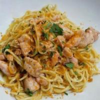 Bottarga · Fresh Egg Spaghetti, Fresh Salmon, Cured Fish Roe, Italian chilies,  Roasted Garlic, white w...