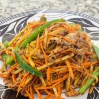 Shredded Pork with Vegetables · Crispy silvers of pork cooked with bamboo shoots, bell peppers and carrots in a spicy and sa...