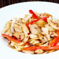 Gon Pou · Garlic, bamboo shoots, water chestnuts, and onion topped with peanuts. Choose between chicke...