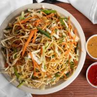 Veg Chow Mein · Noodles, carrots, cabbage, green beans, asparagus, onion, garlic, MSG, tossed in vegetable o...
