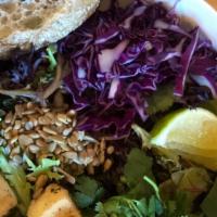 Thai Salad · Mixed greens, basil, cilantro, red cabbage cucumber, baked tofu, sunflower seeds and lime.