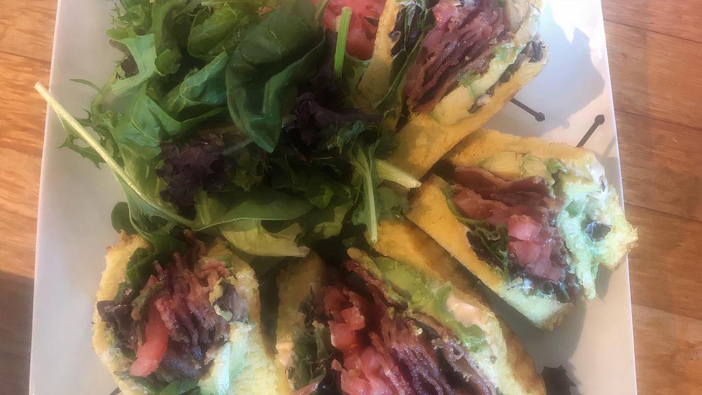 Blat · Bacon, lettuce, avocado and tomato with chipotle aioli on toasted thick Texas toast.