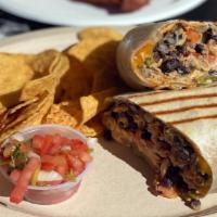 Leipheimer Breakfast Burrito · Eggs, black beans, home fries, cheddar cheese, salsa, avocado, and sour cream wrapped in a t...