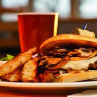 Combo BB's Mushroom Swiss Burger · Two beef patties with swiss cheese on a bun loaded with grilled mushrooms, lettuce, onion an...