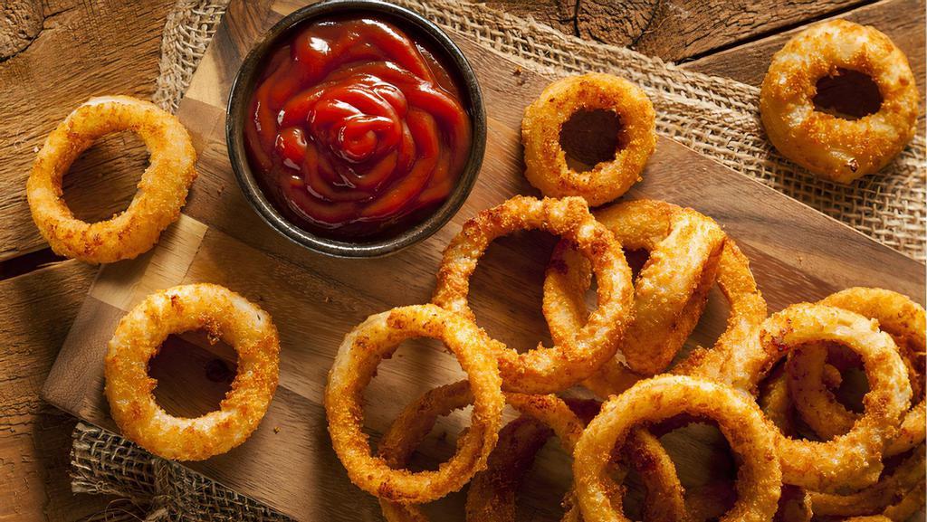 BB's Crispy Onion Rings · Basket of battered and deep fried onion rings