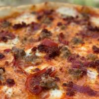 Big Bad Wolf · Spicy House Made Fennel Sausage, Pickled Peppers, Roasted Garlic, Calabrian Chili, House Mad...
