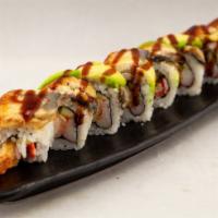 Dragon · In: shrimp tempura roll. Top: eel, avocado with unagi sauce.