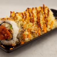 Saratoga · In: spicy tuna, shrimp tempura. Top: crunch with spicy mayo and unagi sauce. (6 pc. roll)
