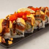 Spicy Dragon · In: shrimp tempura roll. Top: eel, avocado, spicy tuna, tobiko with spicy mayo, unagi sauce ...