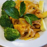 Mango Catfish · Catfish fillet tossed in a wok with basil, onions, and mango puree. Served with a side of fr...