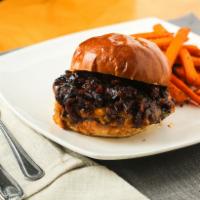 Bourbon Bacon Jam Burger (Spicy) · Housemade bacon jam with melted cheddar.