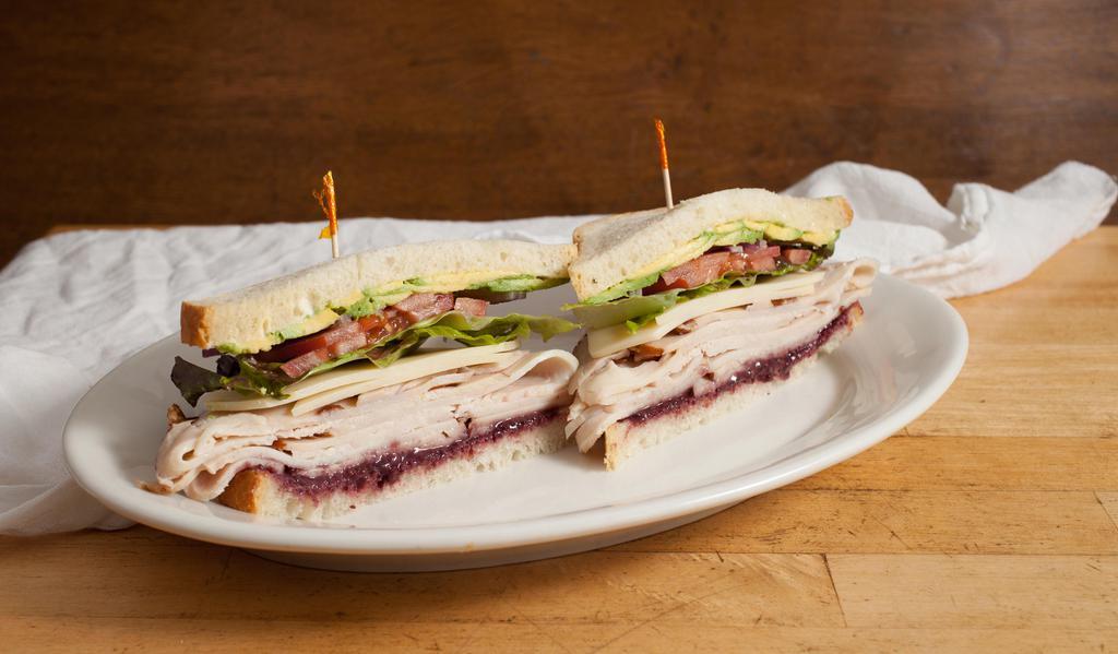 Winterland Sandwich · Roasted turkey, swiss, avocado with cranberry mustard, mayo, lettuce, tomato and onion served on sliced sourdough.