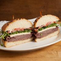 Roast Beef Sandwich · Horseradish, sweet and hot mustard, smoked gouda, red onion, tomato, pea sprouts, mayo and s...