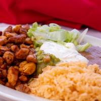 Pollo Adobo Grilled Chicken Platillo · With rice, beans, lettuce, tomatoes, guacamole, sour cream and tortillas.