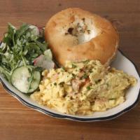 L.E.O. Scramble * · eggs scrambled with smoked salmon & caramelized onions served with a toasted bagel, plain sh...