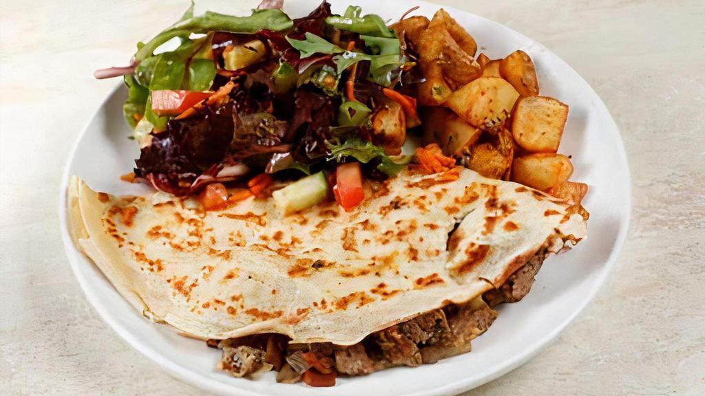 The Hangover Crepe · All Natural Ground Angus Chuck, American Cheese, Onions & Bacon Bits 

Served with House Potatoes & House Salad
