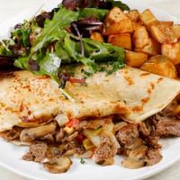 Philly Cheese Steak Crepe · Grilled Angus Beef, American Cheese, Mushrooms, Onions & Bell Peppers  with Chipotle Aioli

...