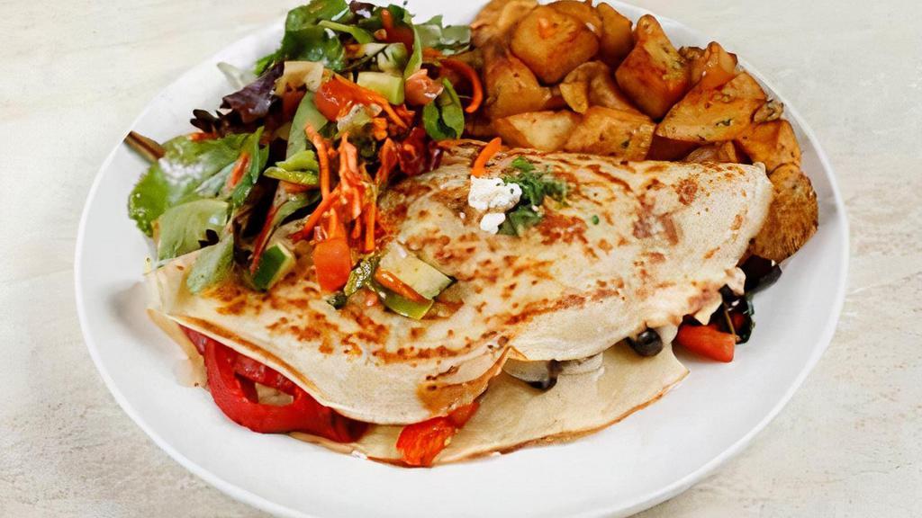 Zorba The Greek Crepe · Mozzarella & Feta Cheese, Eggplant, Roasted Red Peppers, Onions, Spinach, Tomatoes, Kalamata Olives

Served with House Potatoes & House Salad