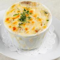 French Onion  Soup · Onions, Butter , Sugar, Brandy, Chicken Base, Beef Base, Flour, Croutons Crumbs and Topped w...
