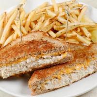Tuna Melt  Sandwich · American Cheese on Grilled Country Bread Served with French Fries and a Pickle Wedge