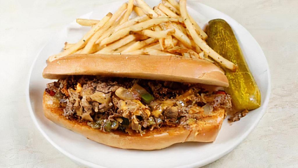 Angus Cheese Steak Sandwich · Grilled Angus Beef, American Cheese, Caramelized Mushrooms, Onions & Bell Peppers On a Hoagie Roll