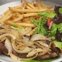 Grilled Steak Plate · New York Strip Steak, Topped with Caramelized Mushrooms & Onions

Served with House Salad an...