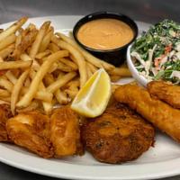 Seafood Platter · 1 Crab Cake, 2 Fried Fish and 3 Fried Shrimp

House Coleslaw, Tartar Sauce & Chipotle Aioli....