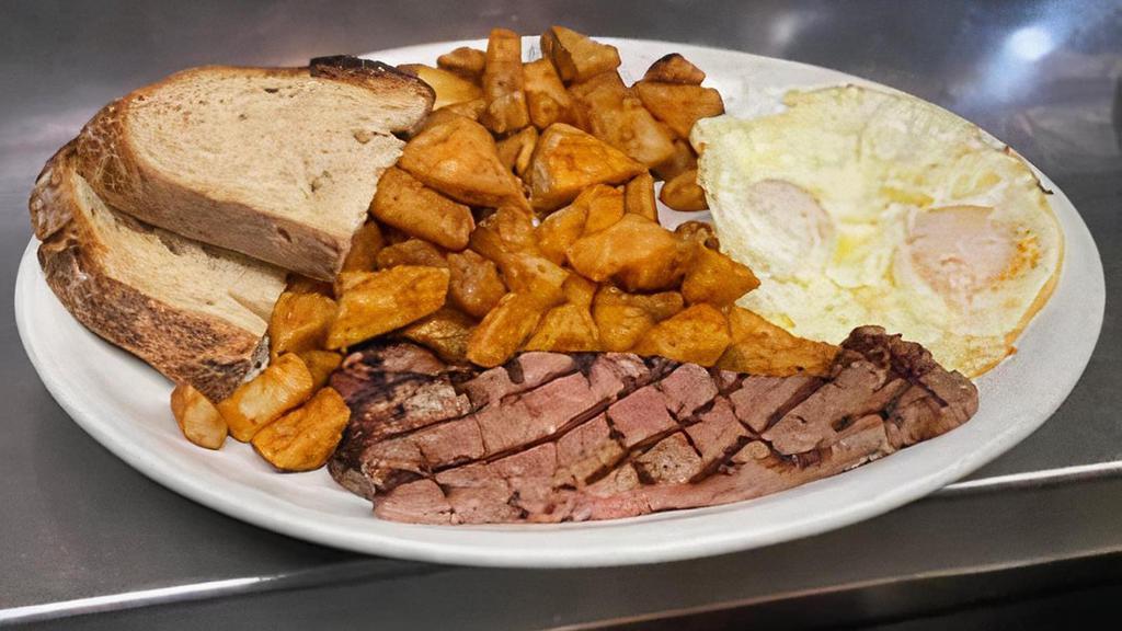 Steak & Eggs · New York Strip Steak, Two Eggs Any Style
Served with Country Bread Toast & House Potatoes