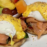 Lox Benedict · Smoked Salmon, Grilled Tomatoes, & Spinach Topped with Everything Bagel Seasoning, Two Poach...