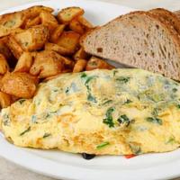 Castro Omelete · Three Eggs, Feta Cheese, Tomatoes, Spinach & Kalamata Olives, Served with Country Bread Toas...