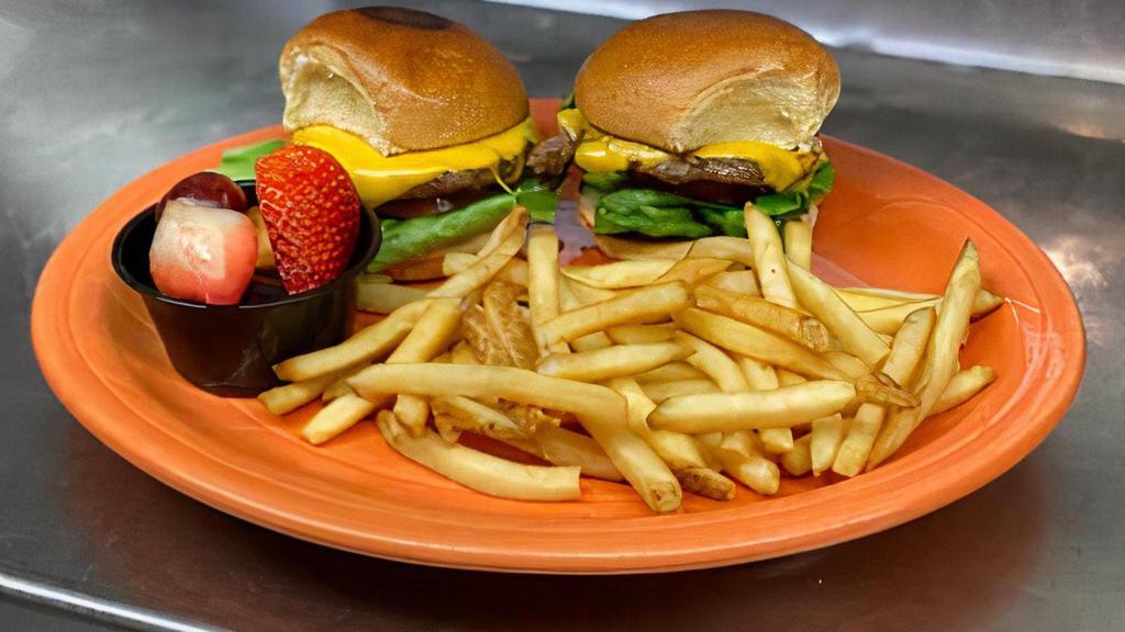 Kids- Mini Cheeseburgers · American Cheese, Lettuce, Tomato, French Fries & Fruit