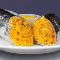 Chicken Curry Hurry Burrito · Chicken curry, chana masala (chickpeas), and desi homestyle mix dal with Basmati rice, and t...