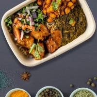Holy Cluck Manchurian Bowl · Chicken manchurian, chana masala (chickpeas), and desi homestyle mix dal with Basmati rice, ...