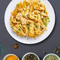Egg Break Chow Mein · Wok tossed stir fried noodles with eggs and Sichuan spices. Vegan.