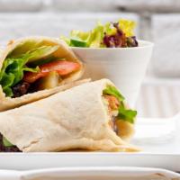 Mediterranean Wrap · Wrap build with fresh veggies, mushrooms, and lightly coated mayo on a lavash bread.