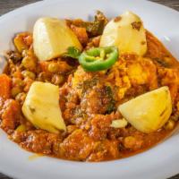 Mixed Vegetable Vegan · Veggies and chickpeas are simmered in a spiced tomato sauce and spices.