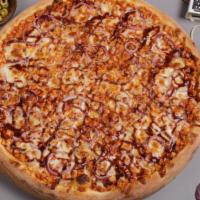 BBQ Chicken Hawaiian Pizza · Mouth watering pizza made with BBQ chicken, sweet pineapples, fresh mushrooms and onions, wi...