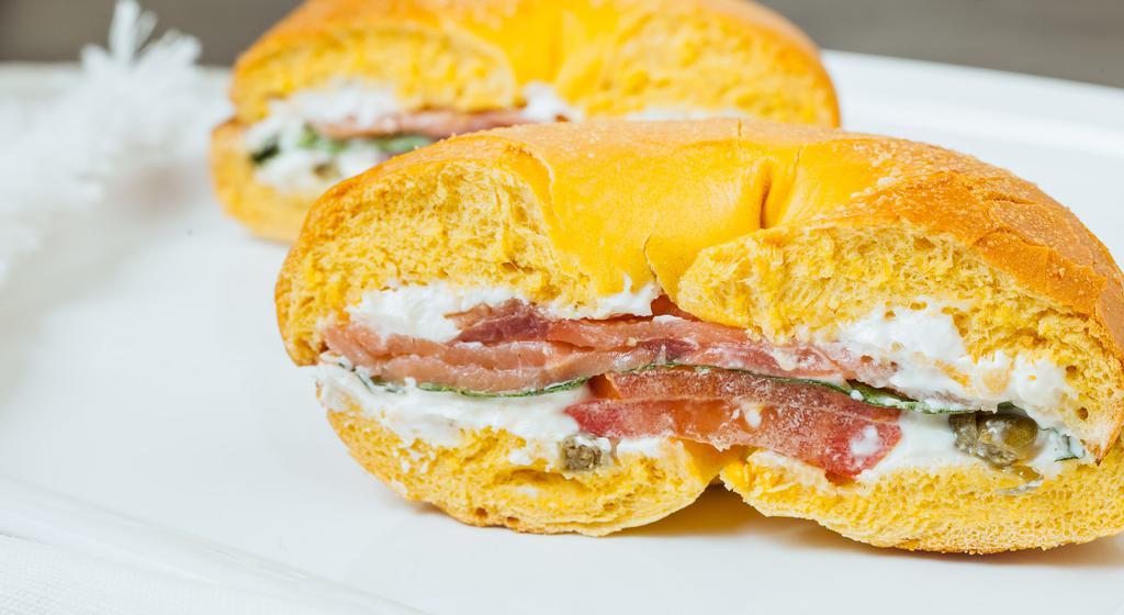 Lox Sandwich · Plain cream cheese, tomatoes, capers, fresh basil leaves.
