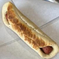 Bagel Dog Sandwich · All beef hot dog wrapped in an onion poppy bagel flat.