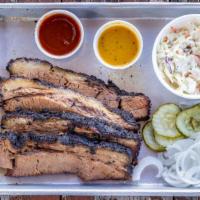 Beef Brisket Plate · Our famous slow-smoked central Texas style BBQ beef brisket sliced to perfection, comes whit...