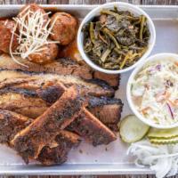 3 way BBQ combo plate · Pick 3 meats, 2 sides, pickles, onions, 3 slices of white bread, choice of 3 BBq sauce: mild...