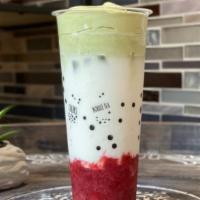 Matcha Strawberry · Caffeinated.  Made w/ Whole Milk. Comes w/ Matcha-Flavored Cheese Foam (Dairy).