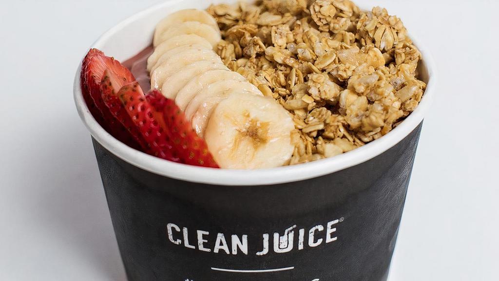 The Nutty Bowl · Acai Blended with Banana, Strawberries, Almond Butter, Cacao, Camu Camu, Maple Syrup & Almond Milk. Topped with Granola, Banana & Strawberries (Seasonally)