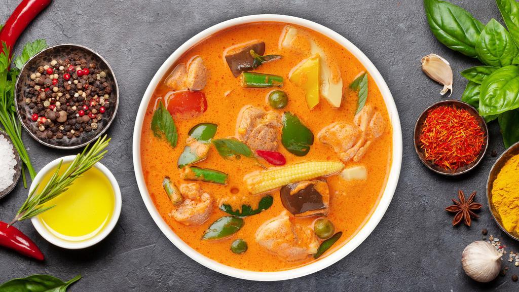 Policy Of The Panang Curry · Mild red curry sauce and coconut milk with tofu, broccoli, zucchini, carrots, bell peppers and sweet basil.